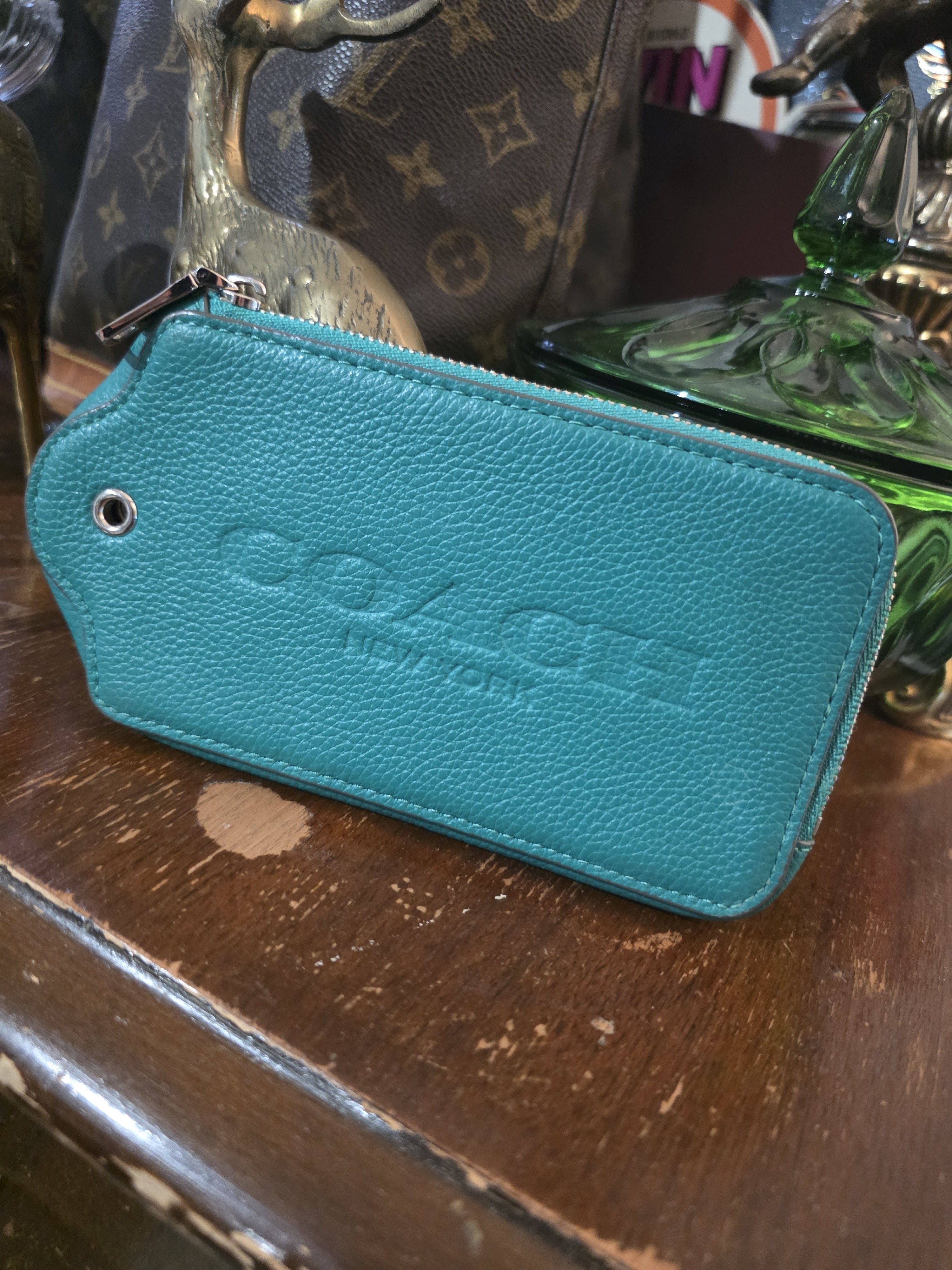 Coach Xl Hangtag Teal Pebbled Leather Zip Pouch